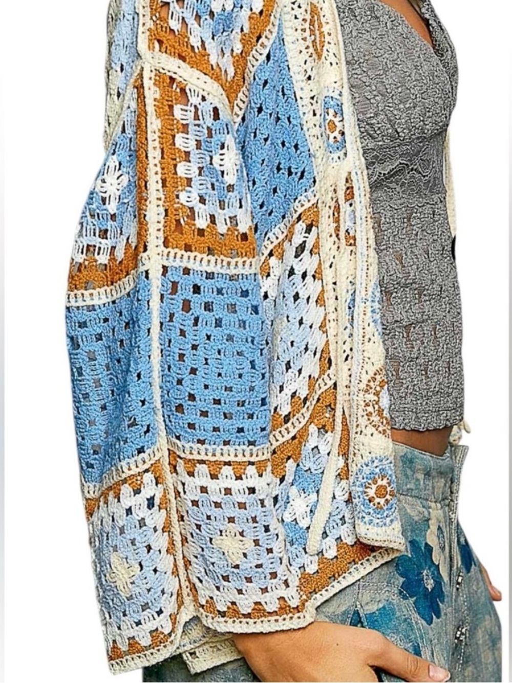 POL Granny Square Crochet Cardigan Sweater Boho Patchwork OS, NIB - Picture 12 of 13